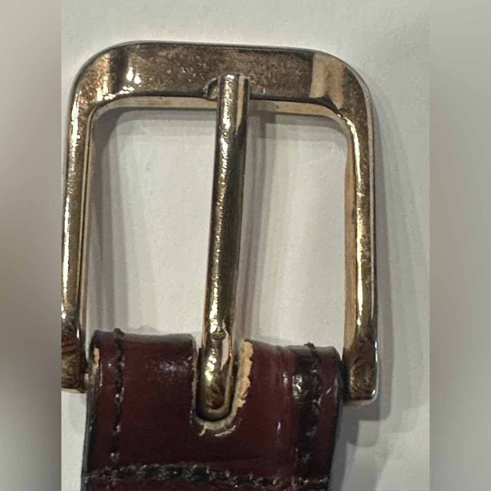 BILL BLASS DESIGNER CORDOVAN BROWN LEATHER BELT, CROCO-EMBOSSED, GOLD BUCKLE, - Picture 7 of 14